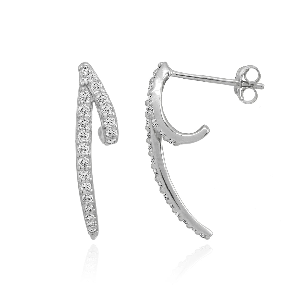Sterling Silver Cubic Zirconia Dainty Long Bar Swirl Design Stud Earrings