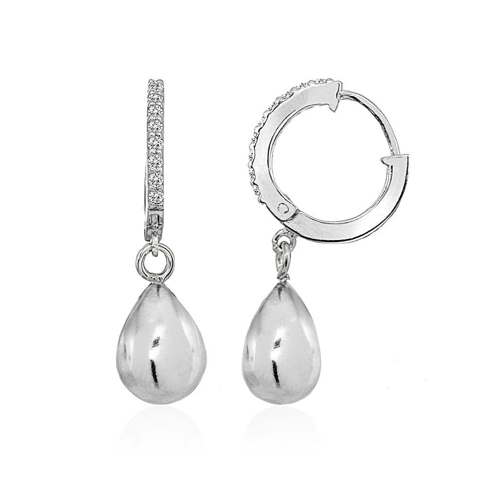 Sterling Silver Polished Cubic Zirconia Teardrop Bead Dangle Leverback Earrings