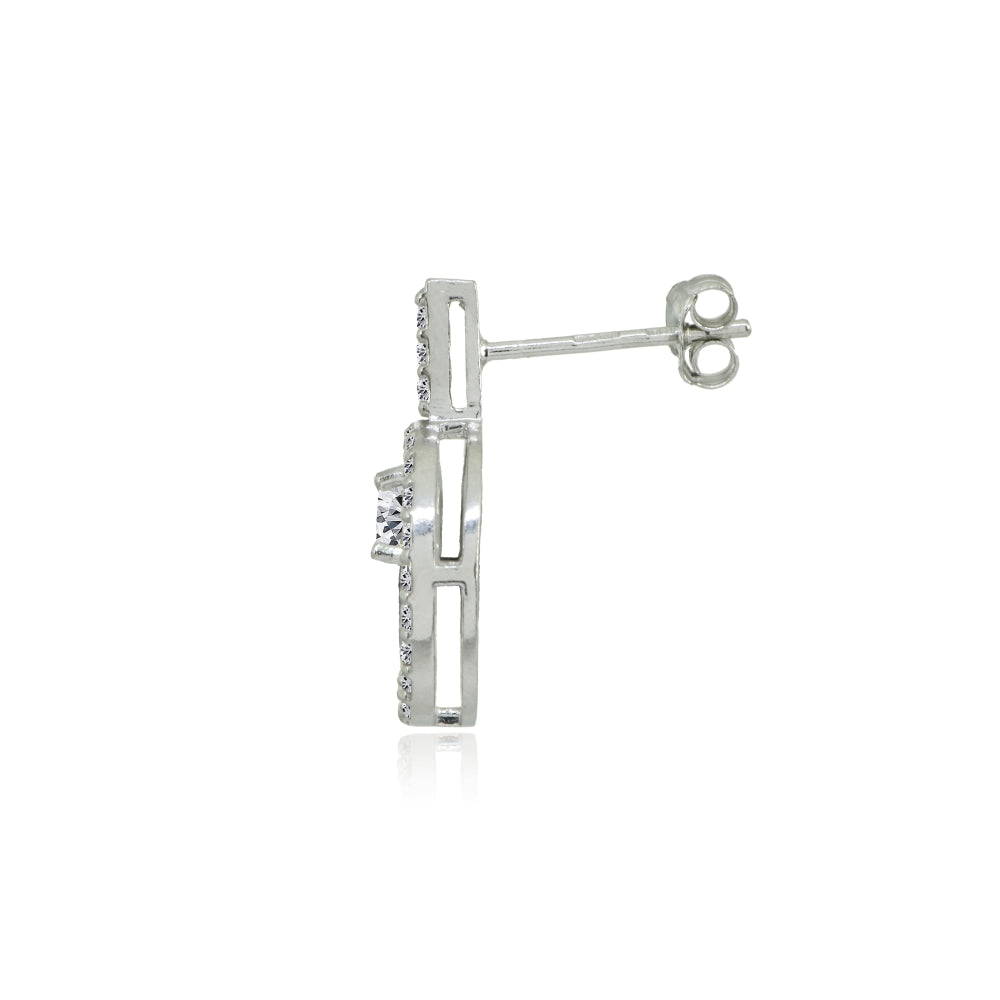 Sterling Silver Cubic Zirconia Open Circle Round Drop Stud Earrings-2