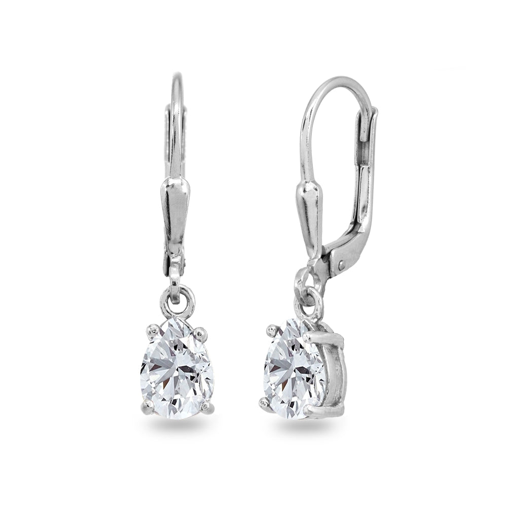 Sterling Silver Cubic Zirconia 7x5mm Pear-Cut Teardrop Drop Dangle Leverback Earrings