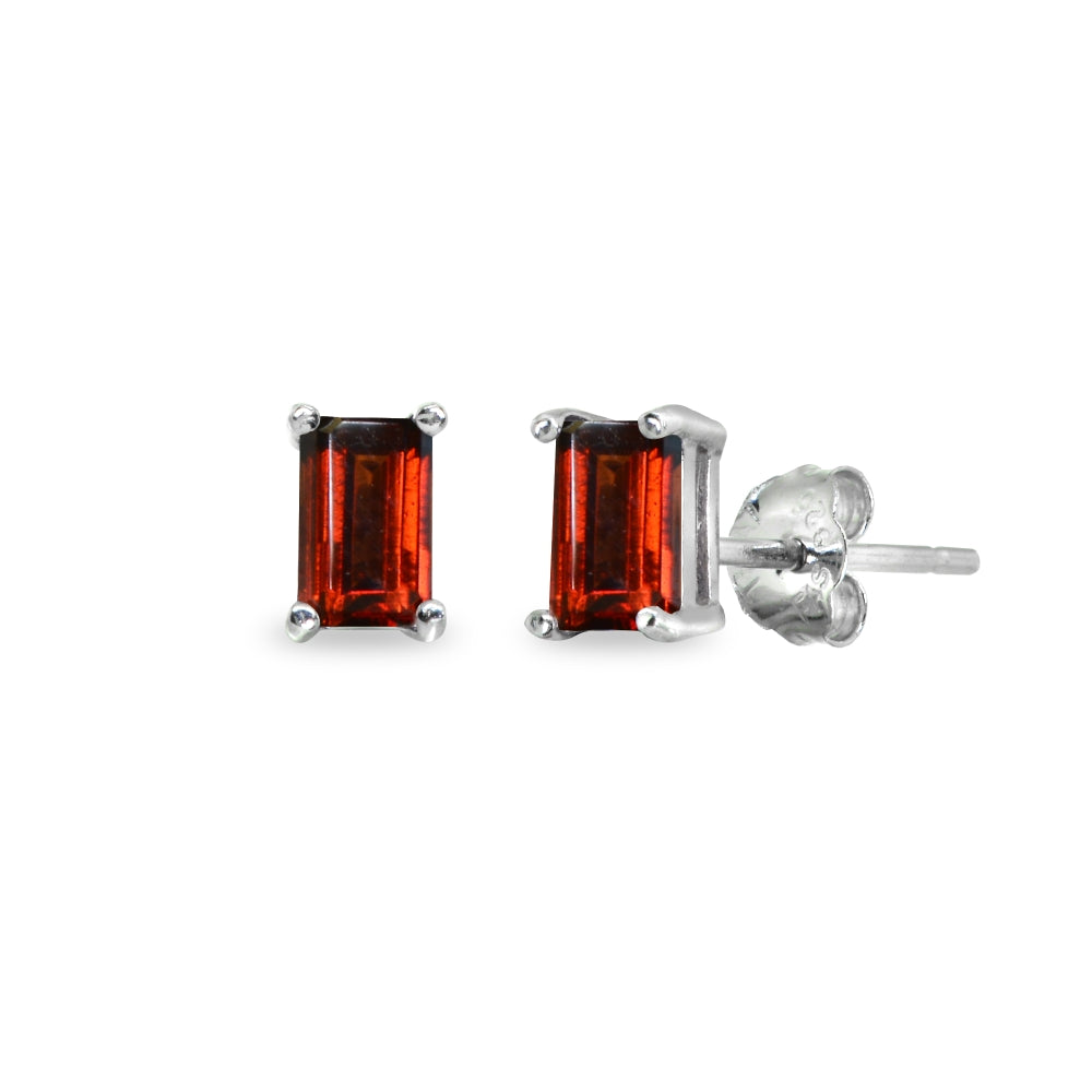 Sterling Silver Garnet 5x3mm Emerald-Cut Solitaire Stud Earrings