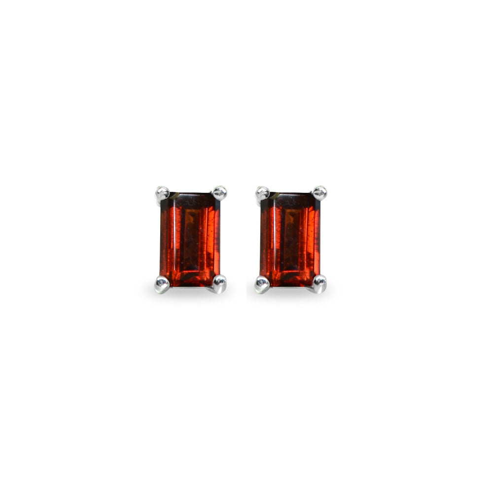 Sterling Silver Garnet 5x3mm Emerald-Cut Solitaire Stud Earrings-2