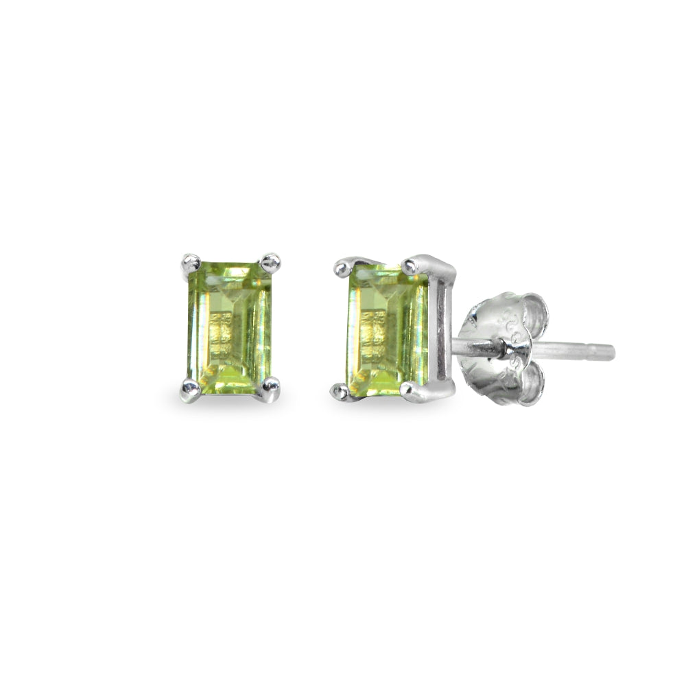 Sterling Silver Peridot 5x3mm Emerald-Cut Solitaire Stud Earrings