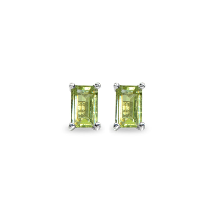 Sterling Silver Peridot 5x3mm Emerald-Cut Solitaire Stud Earrings