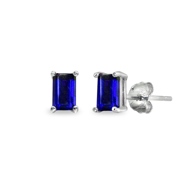 Sterling Silver Sapphire 5x3mm Emerald-Cut Solitaire Stud Earrings