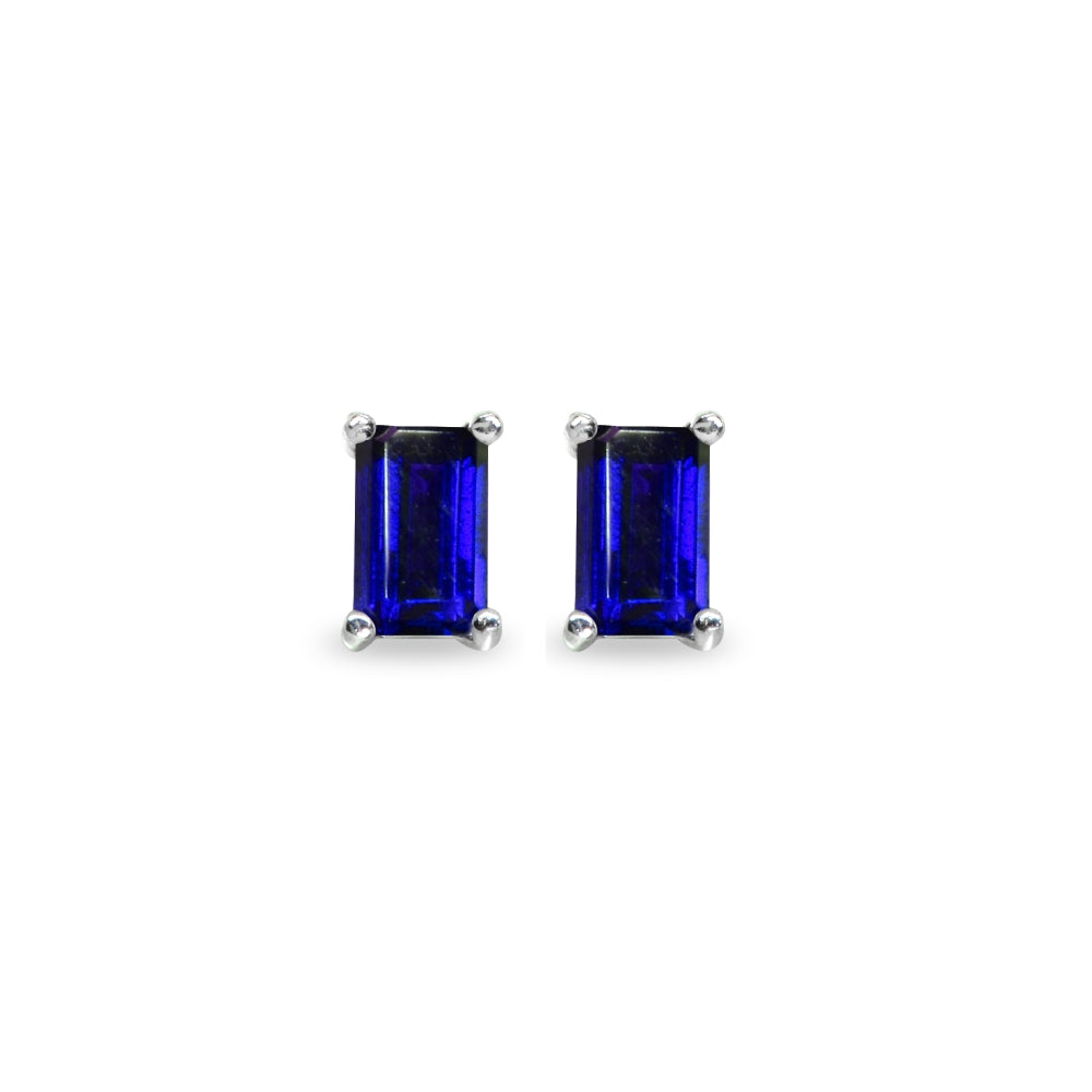 Sterling Silver Sapphire 5x3mm Emerald-Cut Solitaire Stud Earrings-2