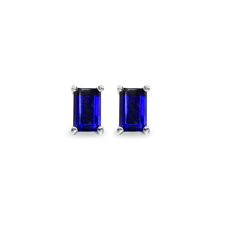 Sterling Silver Sapphire 5x3mm Emerald-Cut Solitaire Stud Earrings