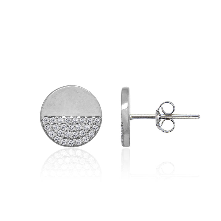 Sterling Silver Polished Round Disk Cubic Zirconia Dainty Stud Earrings