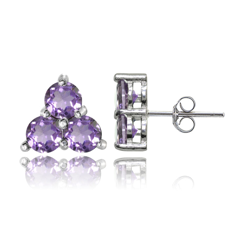 Sterling Silver Three Stone Round Amethyst Cluster Triangle Stud Earrings