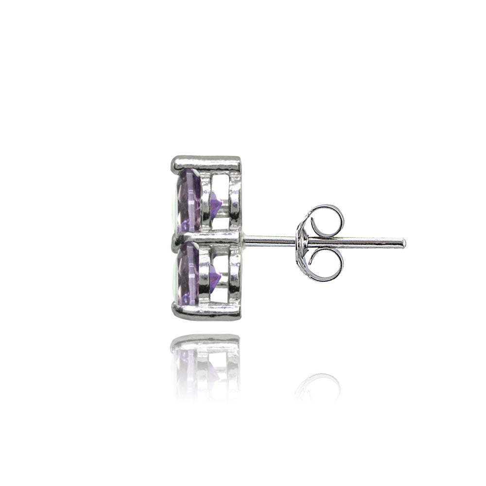 Sterling Silver Three Stone Round Amethyst Cluster Triangle Stud Earrings-2