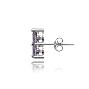 Sterling Silver Three Stone Round Amethyst Cluster Triangle Stud Earrings
