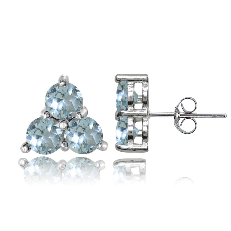 Sterling Silver Three Stone Round Blue Topaz Cluster Triangle Stud Earrings