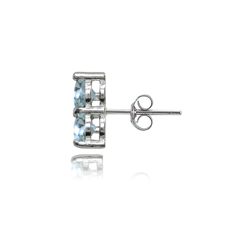 Sterling Silver Three Stone Round Blue Topaz Cluster Triangle Stud Earrings