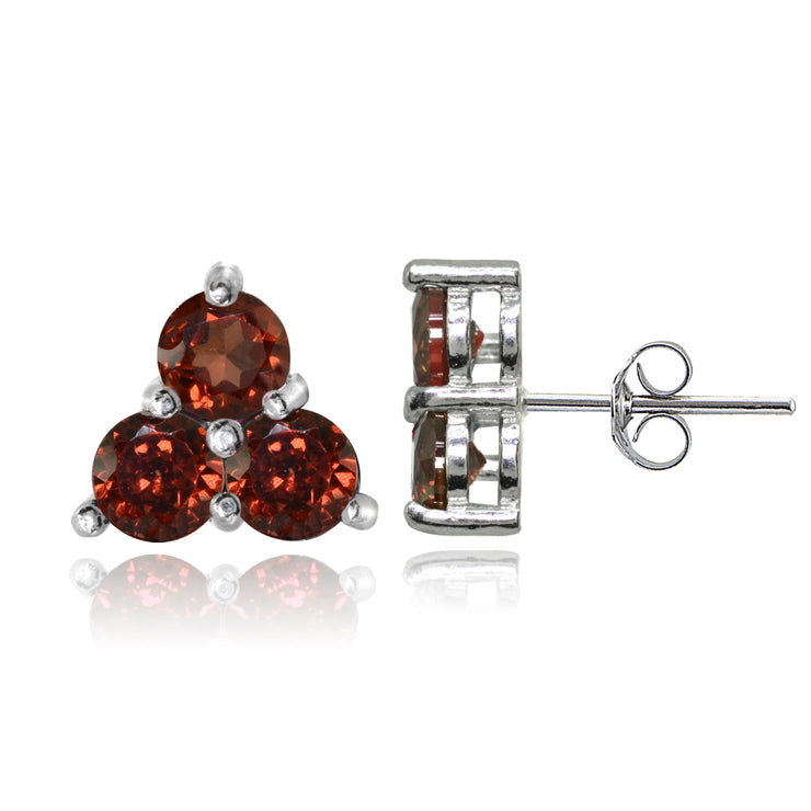 Sterling Silver Three Stone Round Garnet Cluster Triangle Stud Earrings