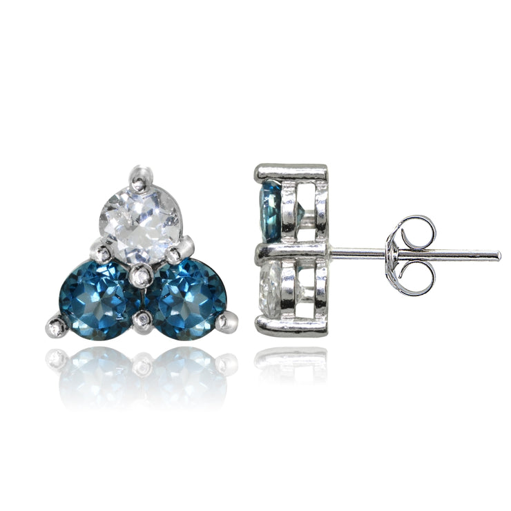 Sterling Silver Three Stone Round London Blue & White Topaz Cluster Triangle Stud Earrings