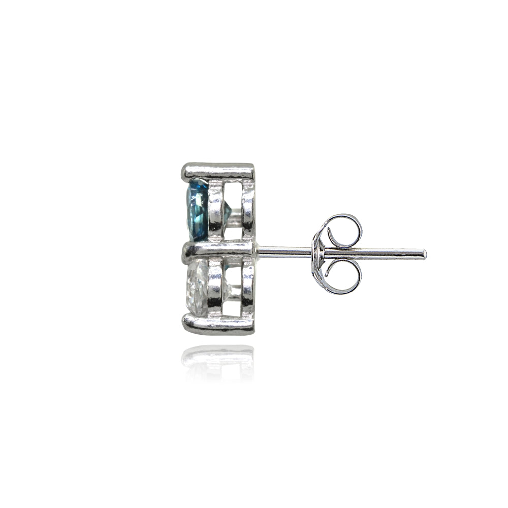 Sterling Silver Three Stone Round London Blue & White Topaz Cluster Triangle Stud Earrings-2