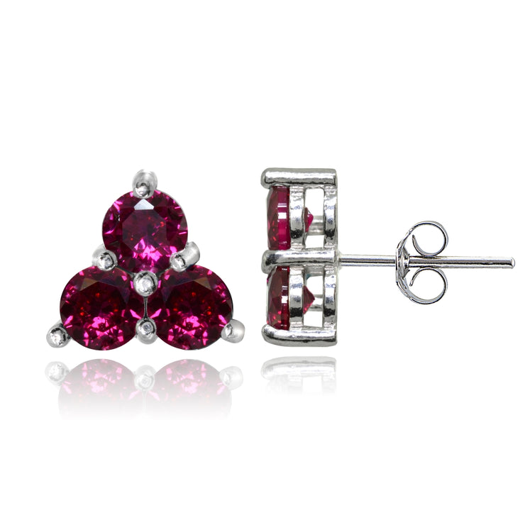 Sterling Silver Three Stone Round Created Ruby Cluster Triangle Stud Earrings
