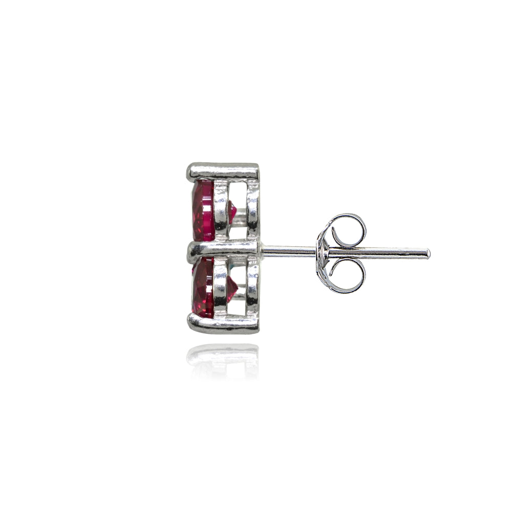 Sterling Silver Three Stone Round Created Ruby Cluster Triangle Stud Earrings-2