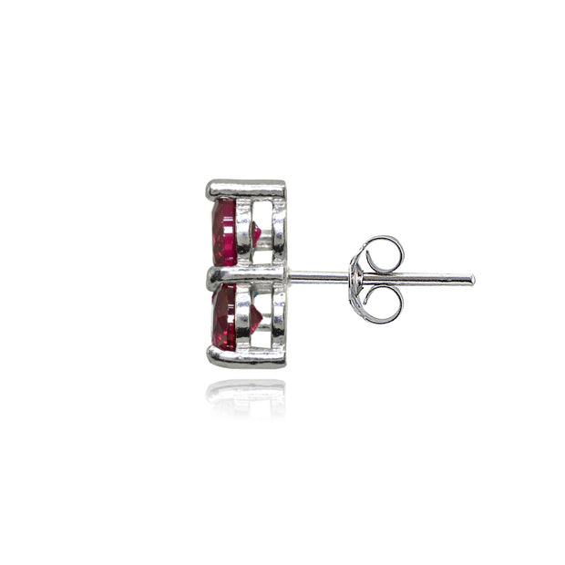 Sterling Silver Three Stone Round Created Ruby Cluster Triangle Stud Earrings