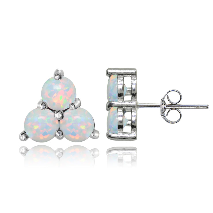 Sterling Silver Three Stone Round Created White Opal Cluster Triangle Stud Earrings