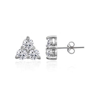Sterling Silver Three Stone Round Cubic Zirconia Cluster Triangle Stud Earrings