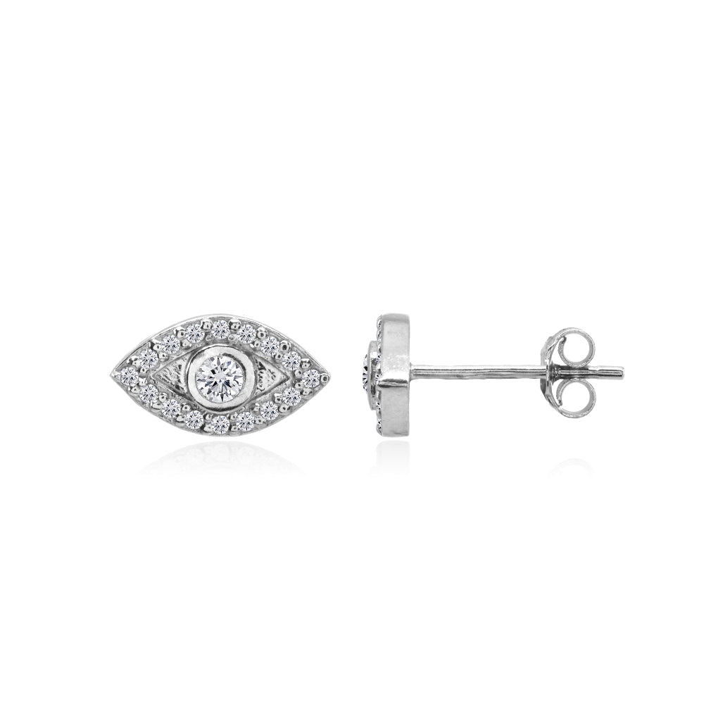 Sterling Silver Evil Eye Round Bezel-Set Cubic Zirconia Dainty Stud Earrings