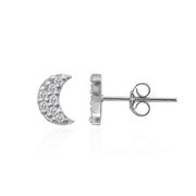 Sterling Silver Crescent Moon Cubic Zirconia Dainty Stud Earrings