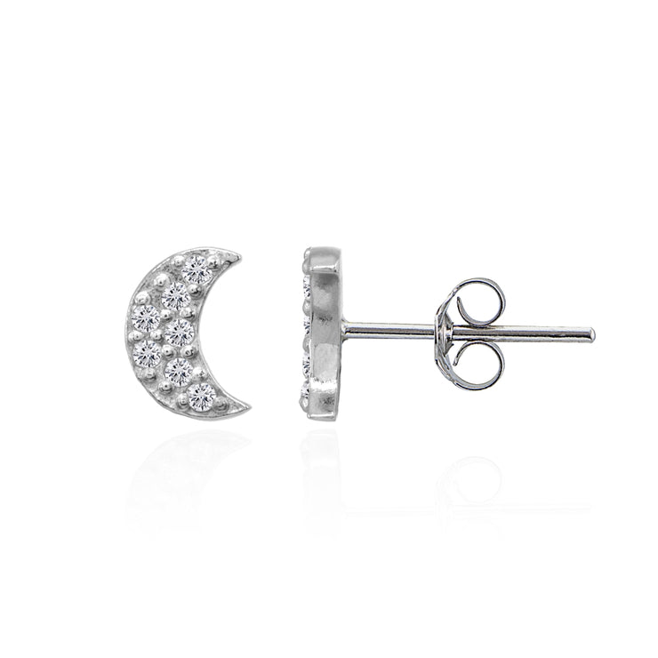 Sterling Silver Crescent Moon Cubic Zirconia Dainty Stud Earrings