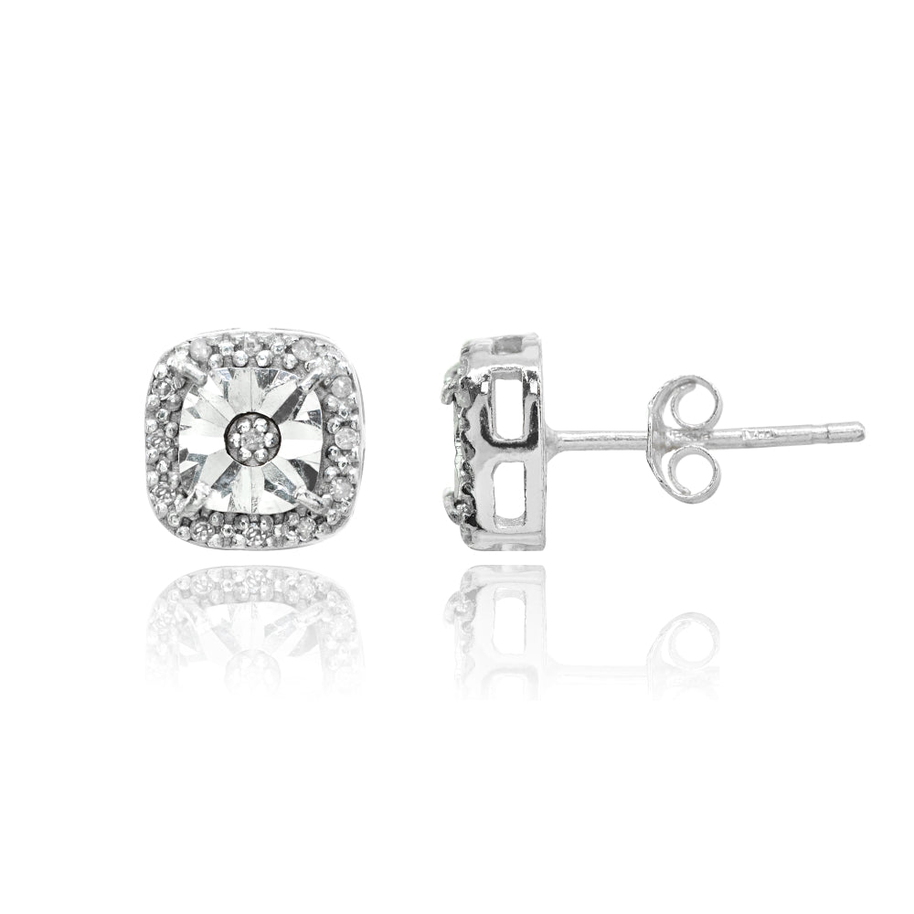 Sterling Silver Polished Halo Square Cushion Diamond Accent Stud Earrings, JK-I3