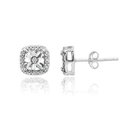 Sterling Silver Polished Halo Square Cushion Diamond Accent Stud Earrings, JK-I3