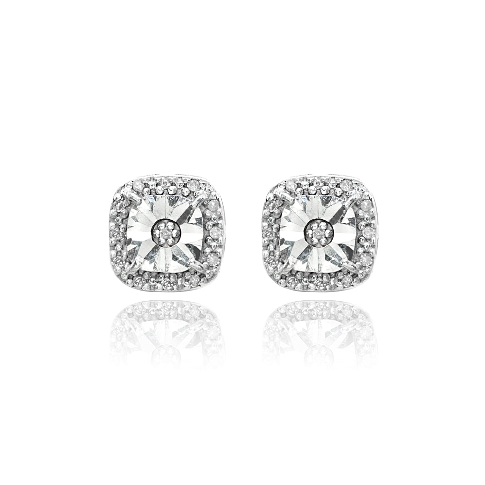Sterling Silver Polished Halo Square Cushion Diamond Accent Stud Earrings, JK-I3-2