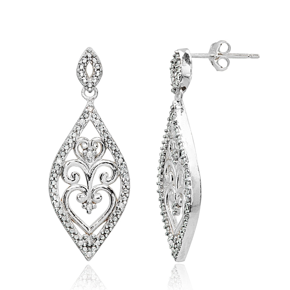 Sterling Silver Polished Filigree Diamond Accent Statement Chandelier Drop Dangle Earrings, JK-I3