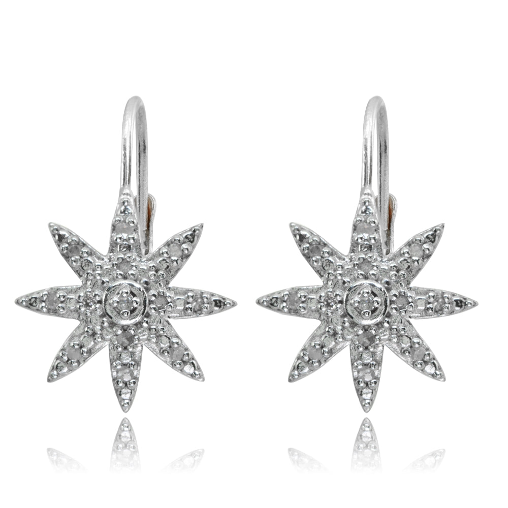 Sterling Silver Polished Snowflake Star Diamond Accent Leverback Earrings, JK-I3-2