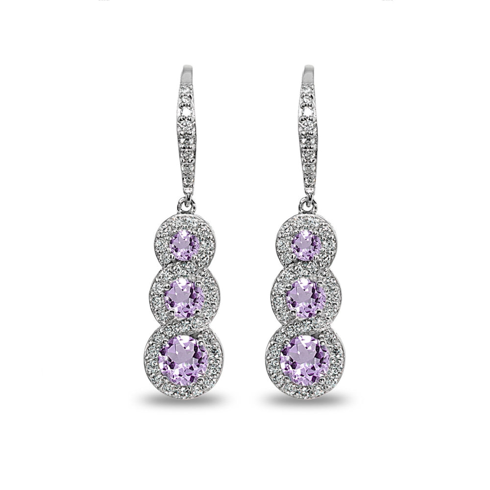 Sterling Silver Amethyst Journey Halo Three-Stone Dangle Leverback Earrings