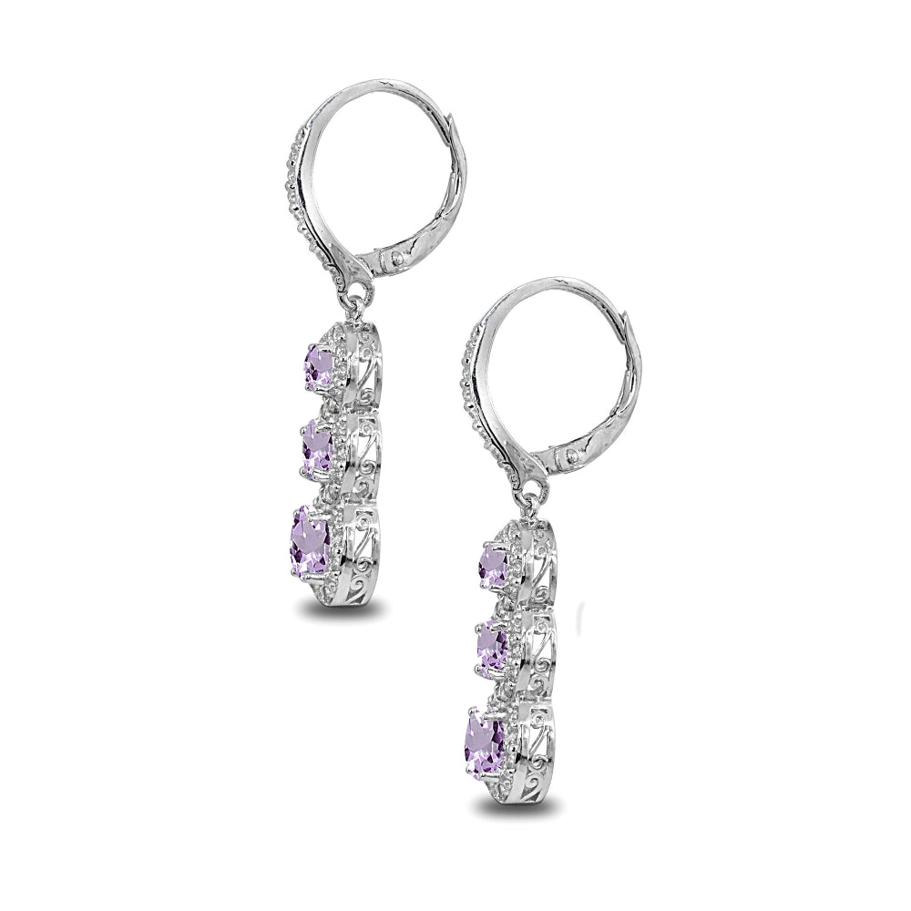 Sterling Silver Amethyst Journey Halo Three-Stone Dangle Leverback Earrings-2