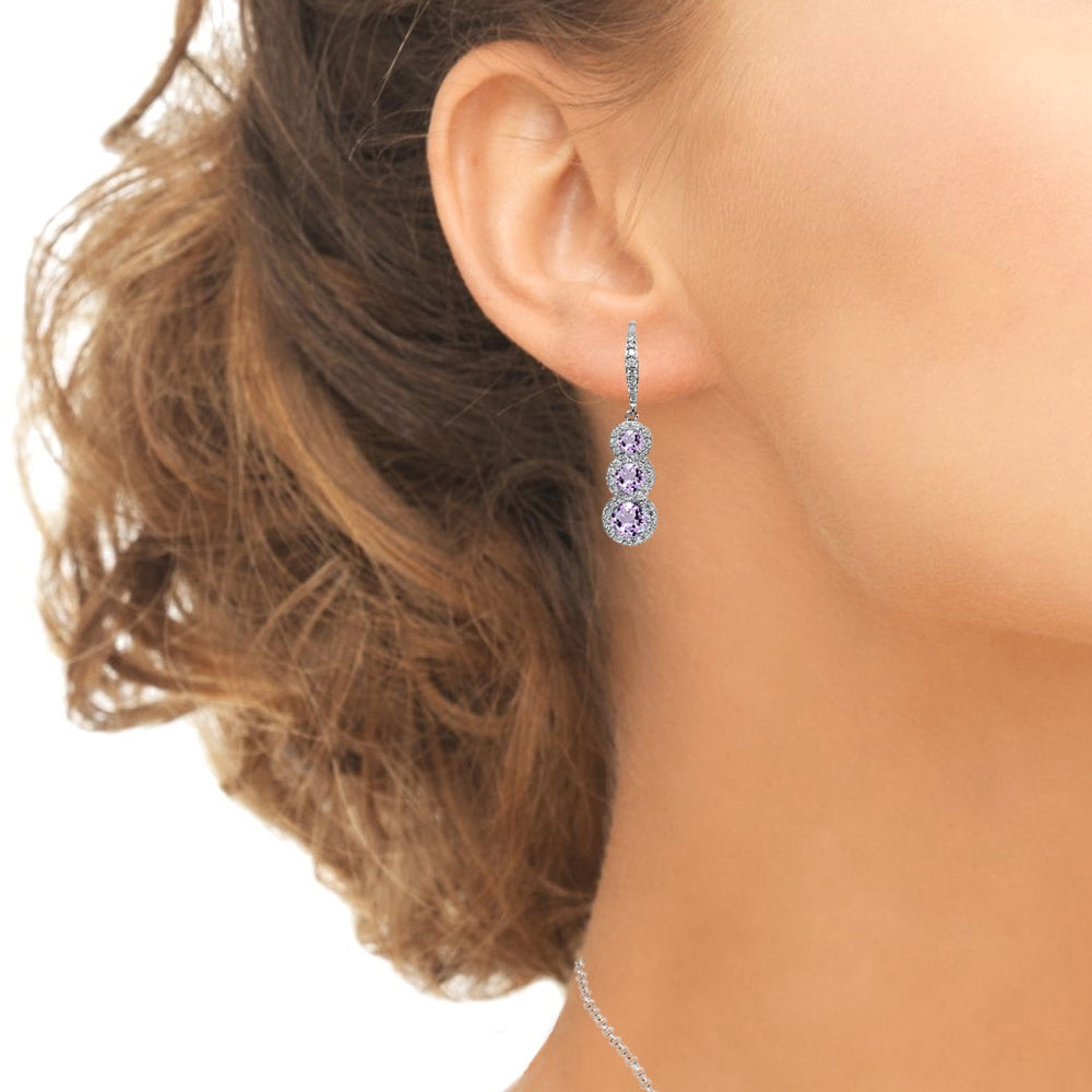 Sterling Silver Amethyst Journey Halo Three-Stone Dangle Leverback Earrings-3