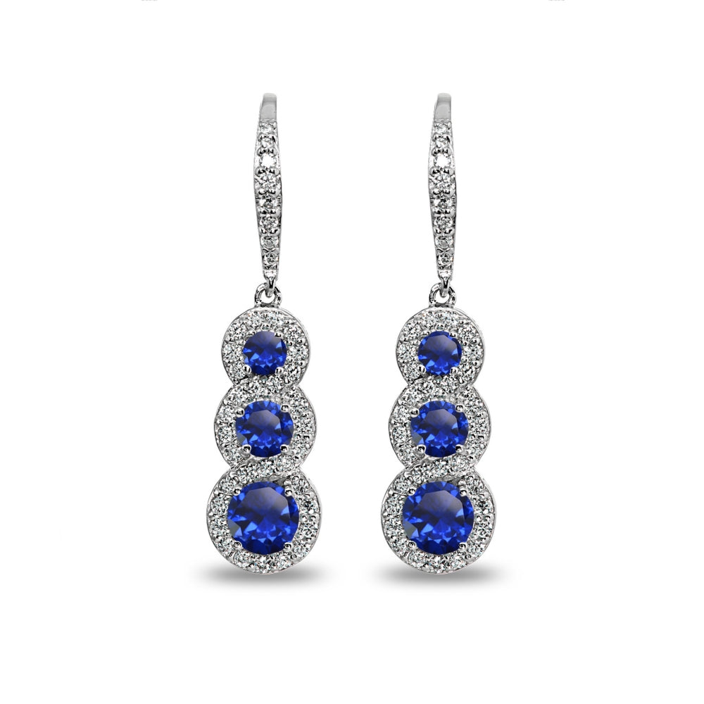 Sterling Silver Created Blue Sapphire Journey Halo Three-Stone Dangle Leverback Earrings