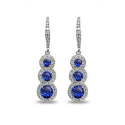 Sterling Silver Created Blue Sapphire Journey Halo Three-Stone Dangle Leverback Earrings