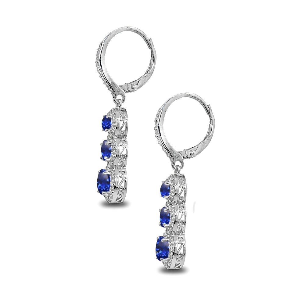 Sterling Silver Created Blue Sapphire Journey Halo Three-Stone Dangle Leverback Earrings-2