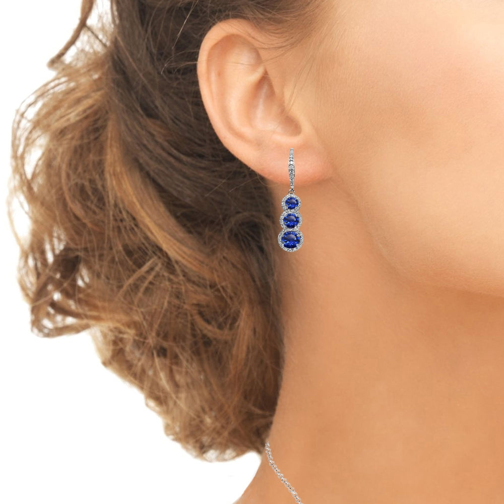 Sterling Silver Created Blue Sapphire Journey Halo Three-Stone Dangle Leverback Earrings-3