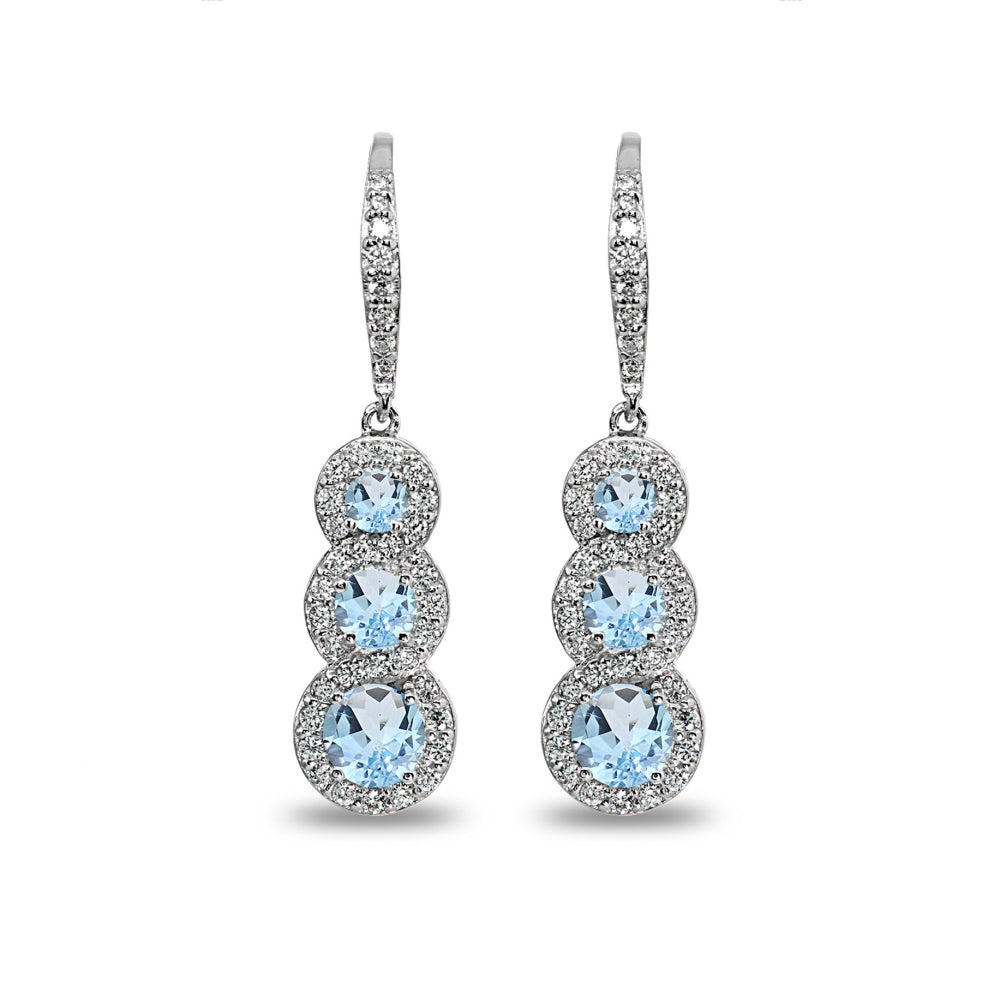 Sterling Silver Blue Topaz Journey Halo Three-Stone Dangle Leverback Earrings