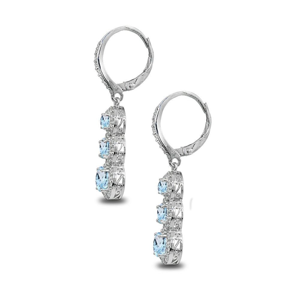 Sterling Silver Blue Topaz Journey Halo Three-Stone Dangle Leverback Earrings-2