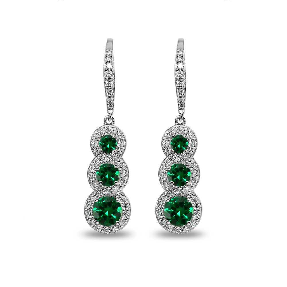 Sterling Silver Simulated Emerald Journey Halo Three-Stone Dangle Leverback Earrings