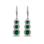 Sterling Silver Simulated Emerald Journey Halo Three-Stone Dangle Leverback Earrings