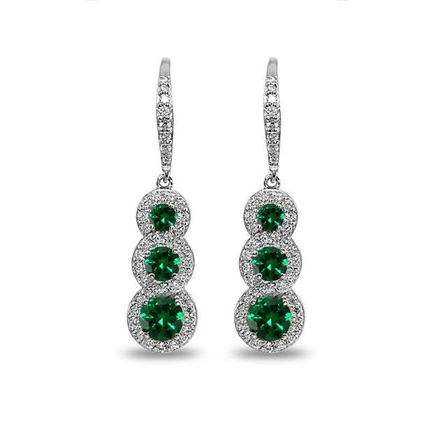 Sterling Silver Simulated Emerald Journey Halo Three-Stone Dangle Leverback Earrings