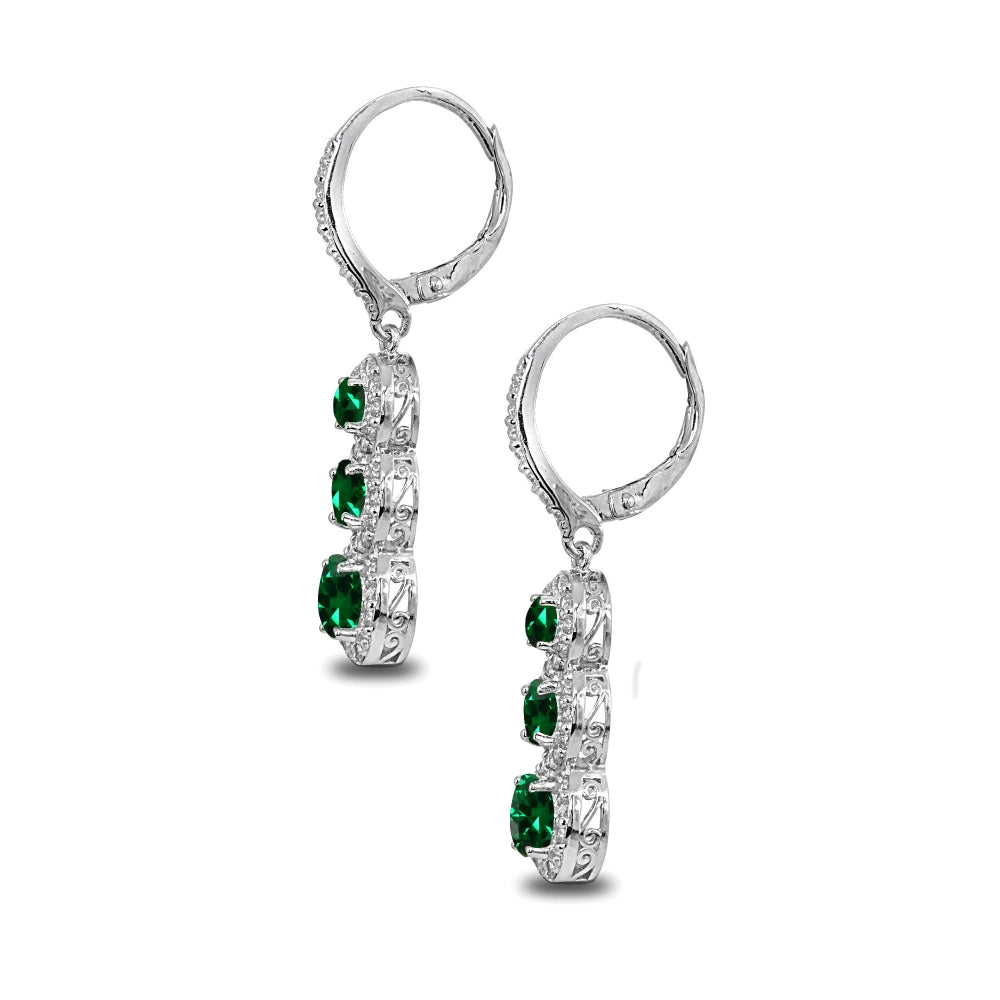 Sterling Silver Simulated Emerald Journey Halo Three-Stone Dangle Leverback Earrings-2