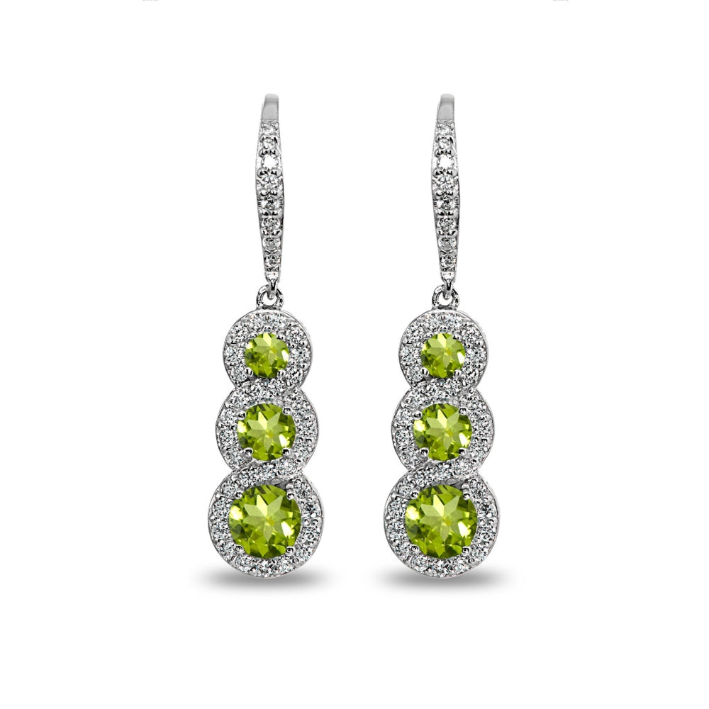 Sterling Silver Peridot Journey Halo Three-Stone Dangle Leverback Earrings