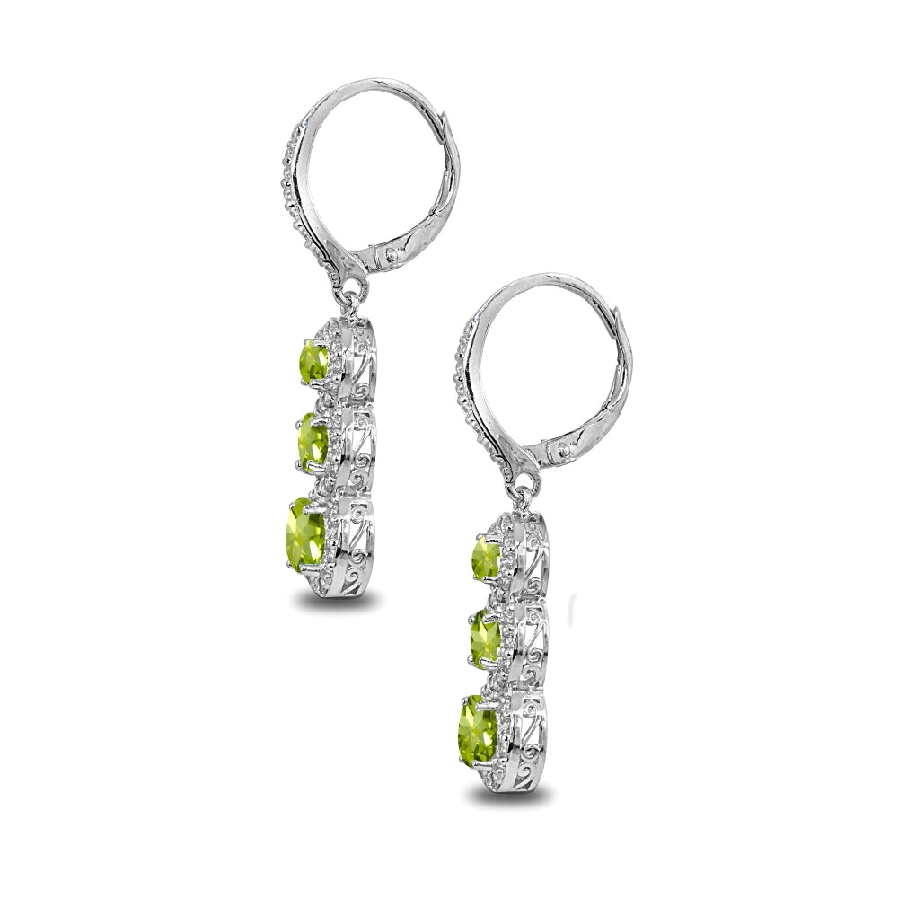 Sterling Silver Peridot Journey Halo Three-Stone Dangle Leverback Earrings-2