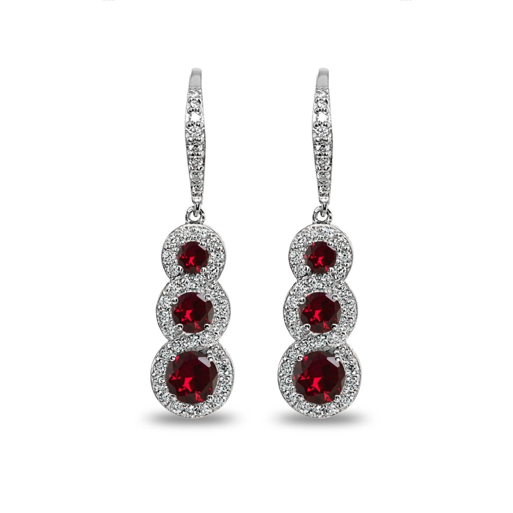 Sterling Silver Created Ruby Journey Halo Three-Stone Dangle Leverback Earrings