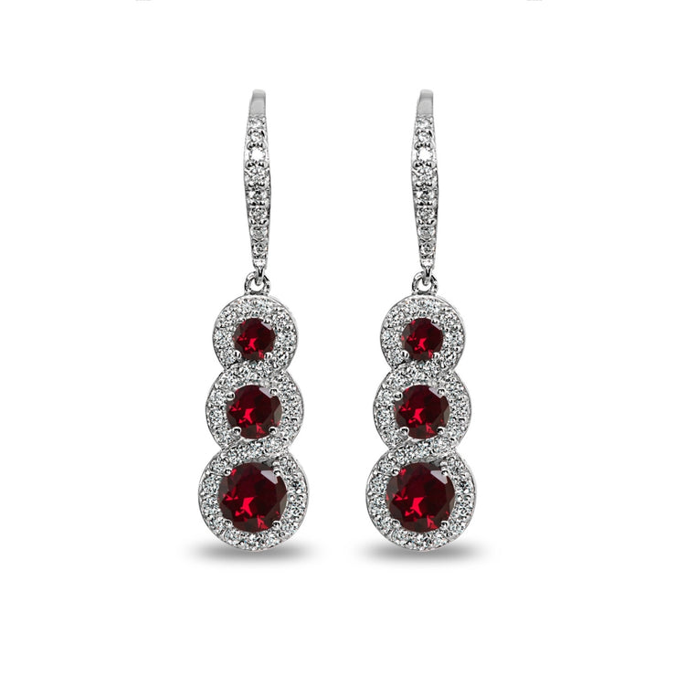 Sterling Silver Created Ruby Journey Halo Three-Stone Dangle Leverback Earrings